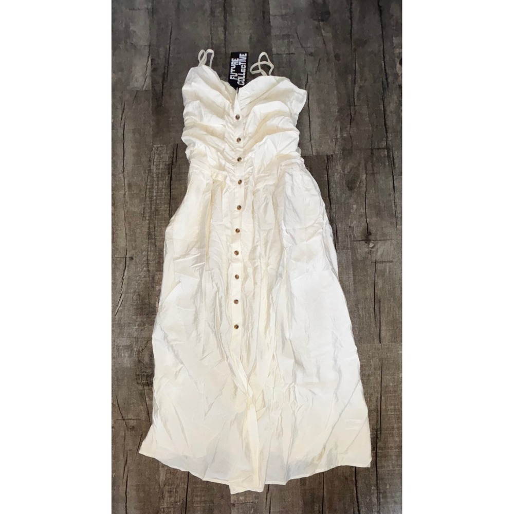 Future Collective Reese Blutstein Cream Ruched Button‎ Down Midi Dress Small NWT